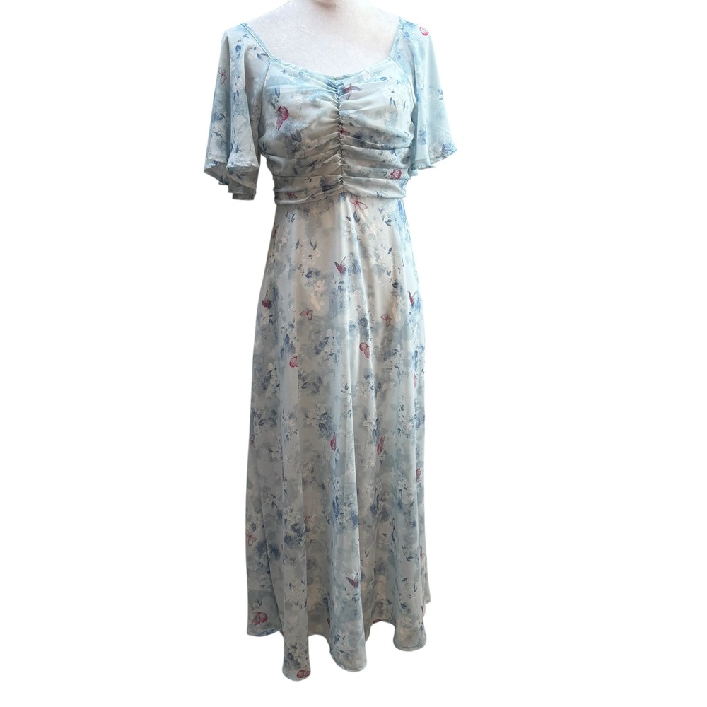 Blue Butterfly Floral Maxi Dress Ruched Sweetheart Flutter Sleeve Size 4‎